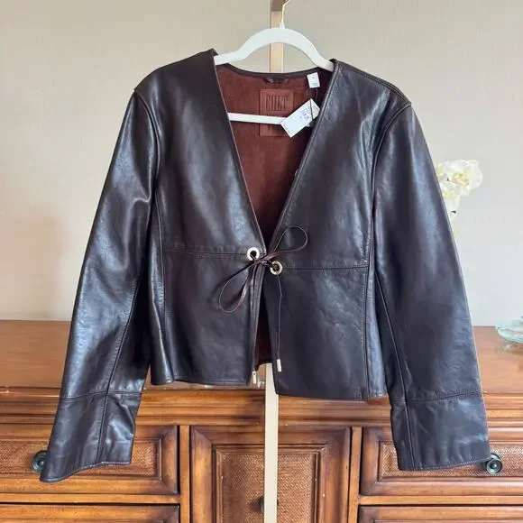 Gap x Cult Gaia Leather Tie-Front Jacket Brown Medium NWT - Picture 2 of 11